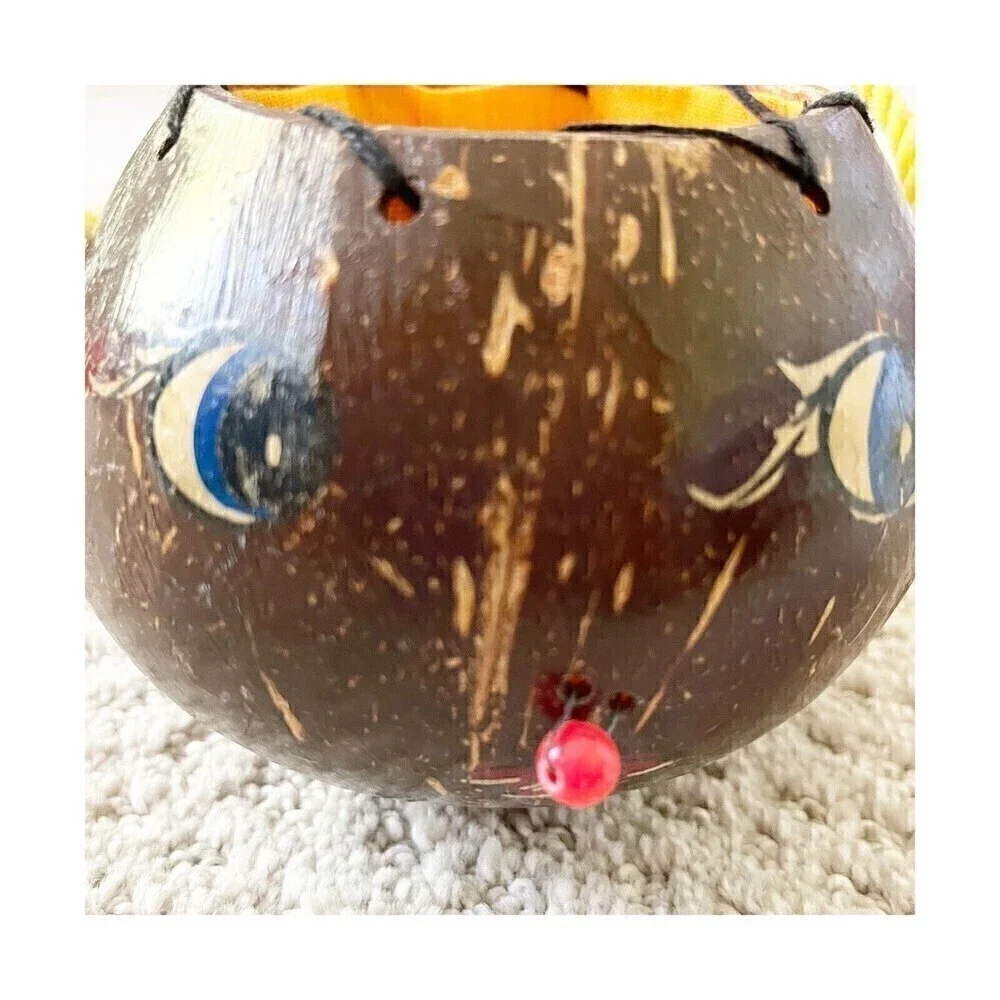 Handmade Coconut Shell Purse Smiley Girl Face Braided Hair Curiosity Oddity
